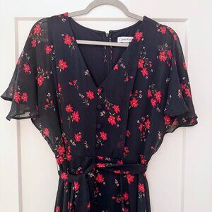 Calvin Klein Navy Floral V-Neck Chiffon Midi Dress – Size 12